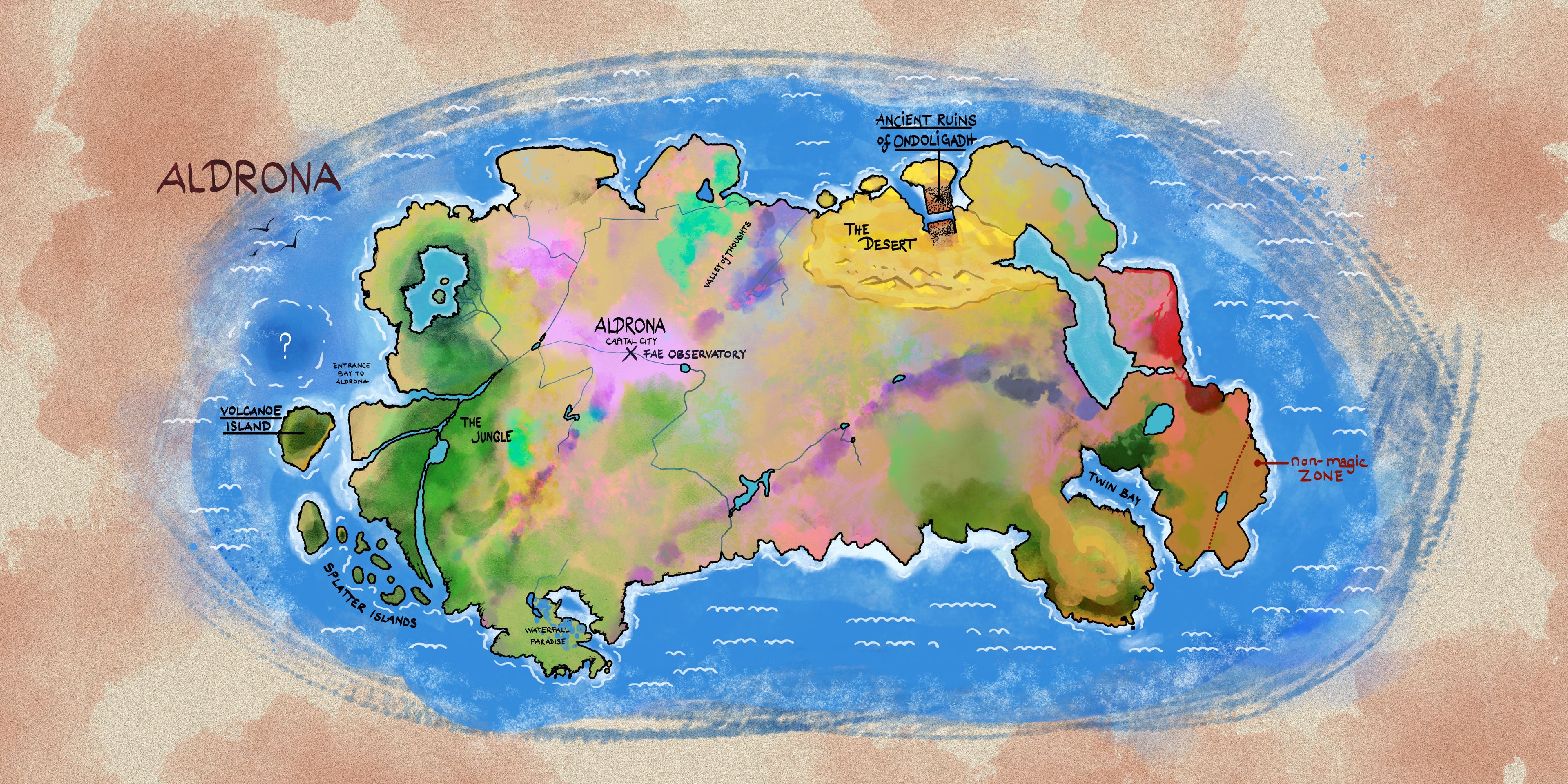 Colorful map of Aldrona, the world of the Fae Observatory, with various regions on a textured background
