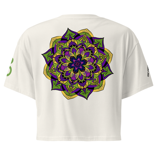 White crop top with a colorful mandala print - Fae Observatory merch - back mock up