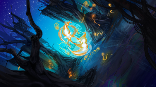 A painting of dancing wisps over a swamp. Fantasy painting.