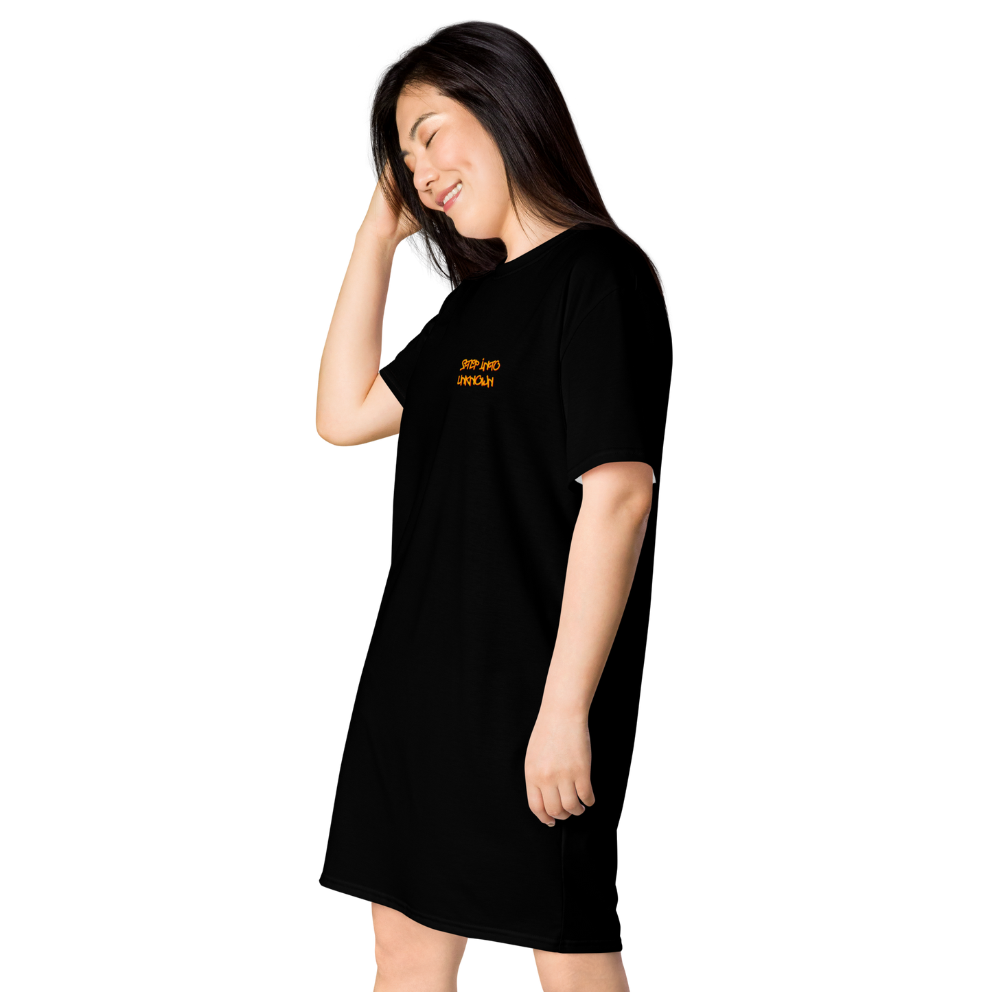 Shirt dress "Step Into Unknown" - mock up left - shirt to the released psytrance album from the project "A Fool's Quest"