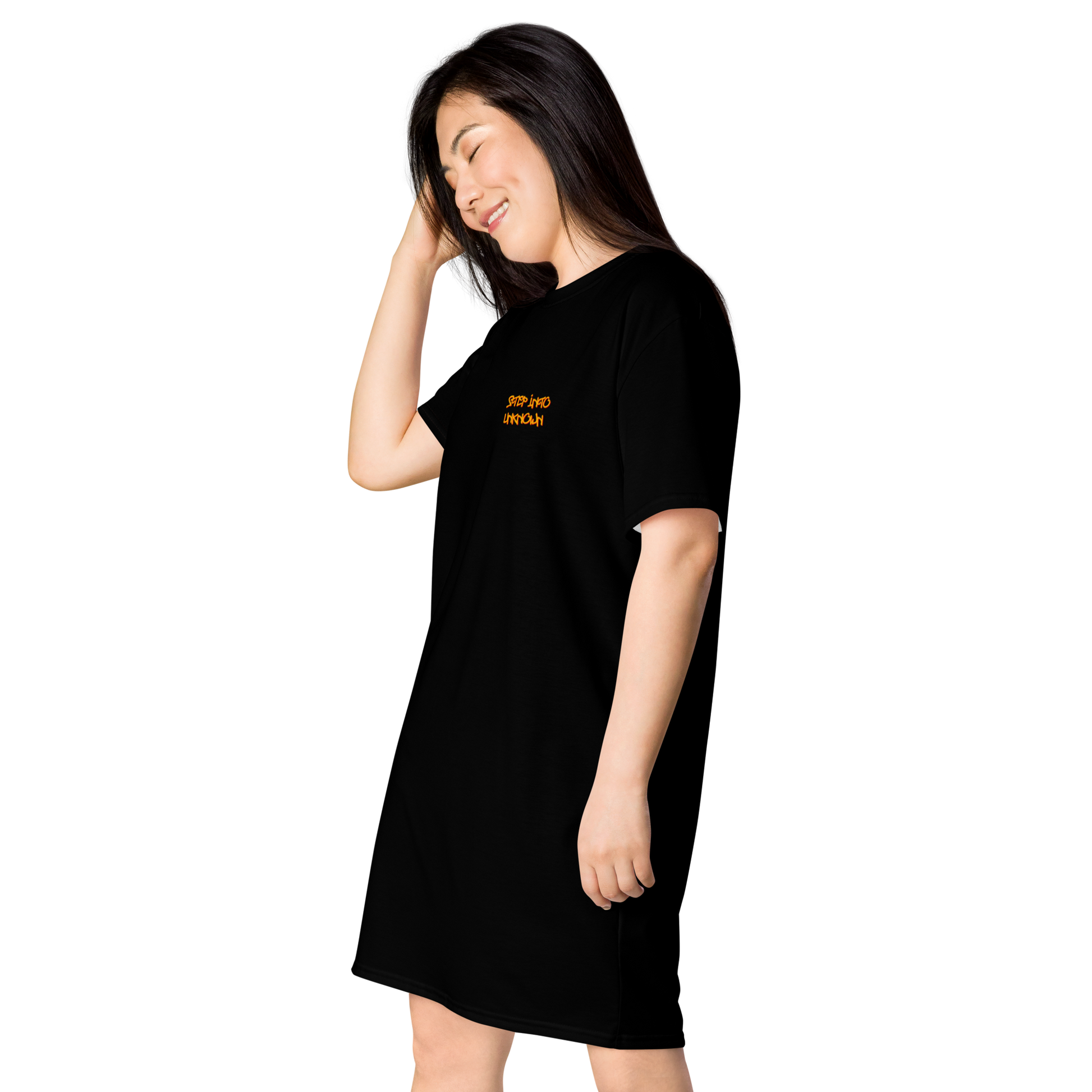 Shirt dress "Step Into Unknown" - mock up left - shirt to the released psytrance album from the project "A Fool's Quest"