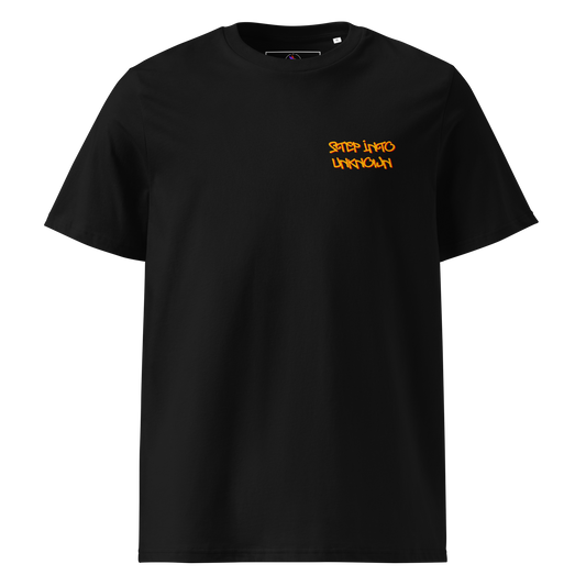 T-Shirt "Step Into Unknown" - mock up front - shirt to the released psytrance album from the project "A Fool's Quest"