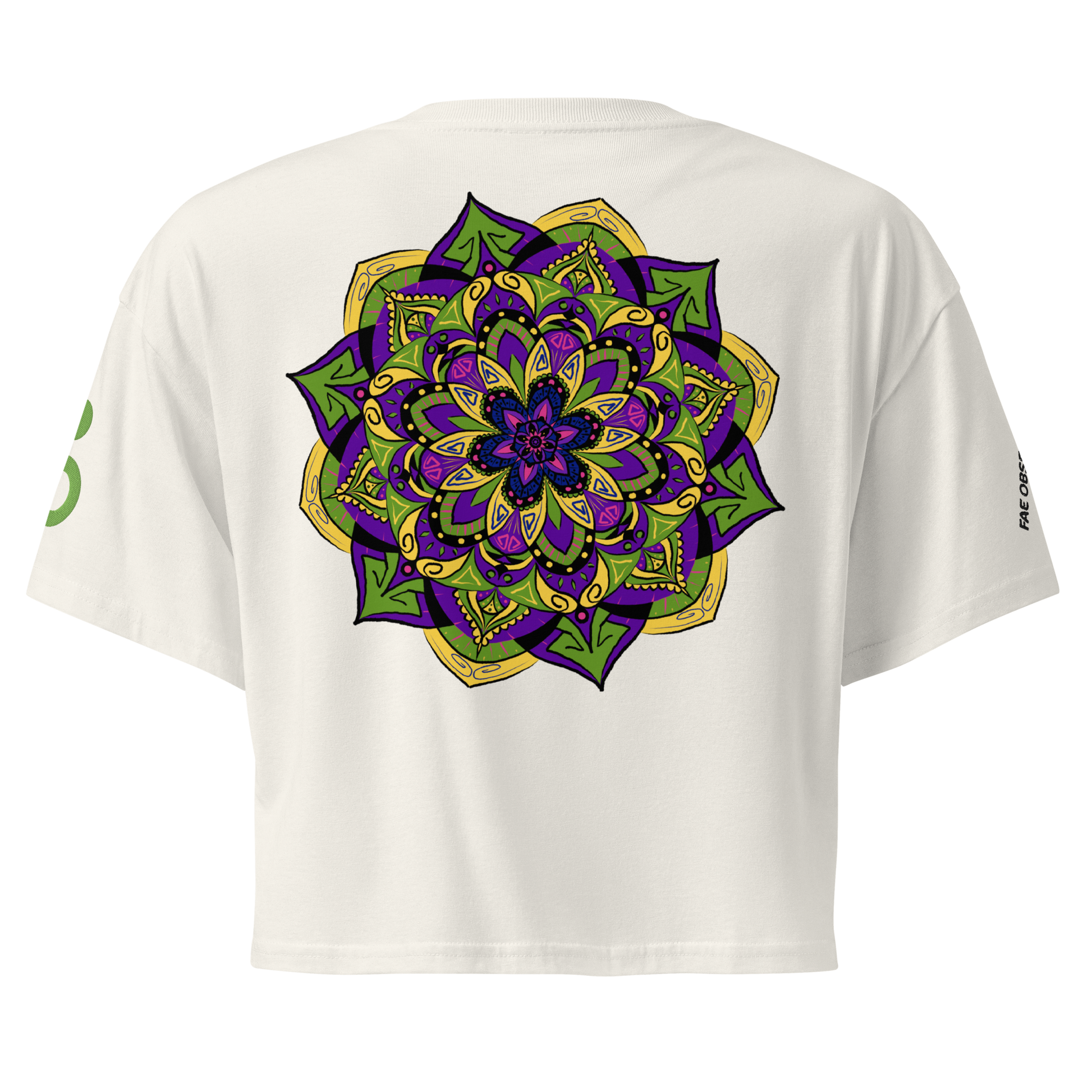 White crop top with a colorful mandala print - Fae Observatory merch - back mock up