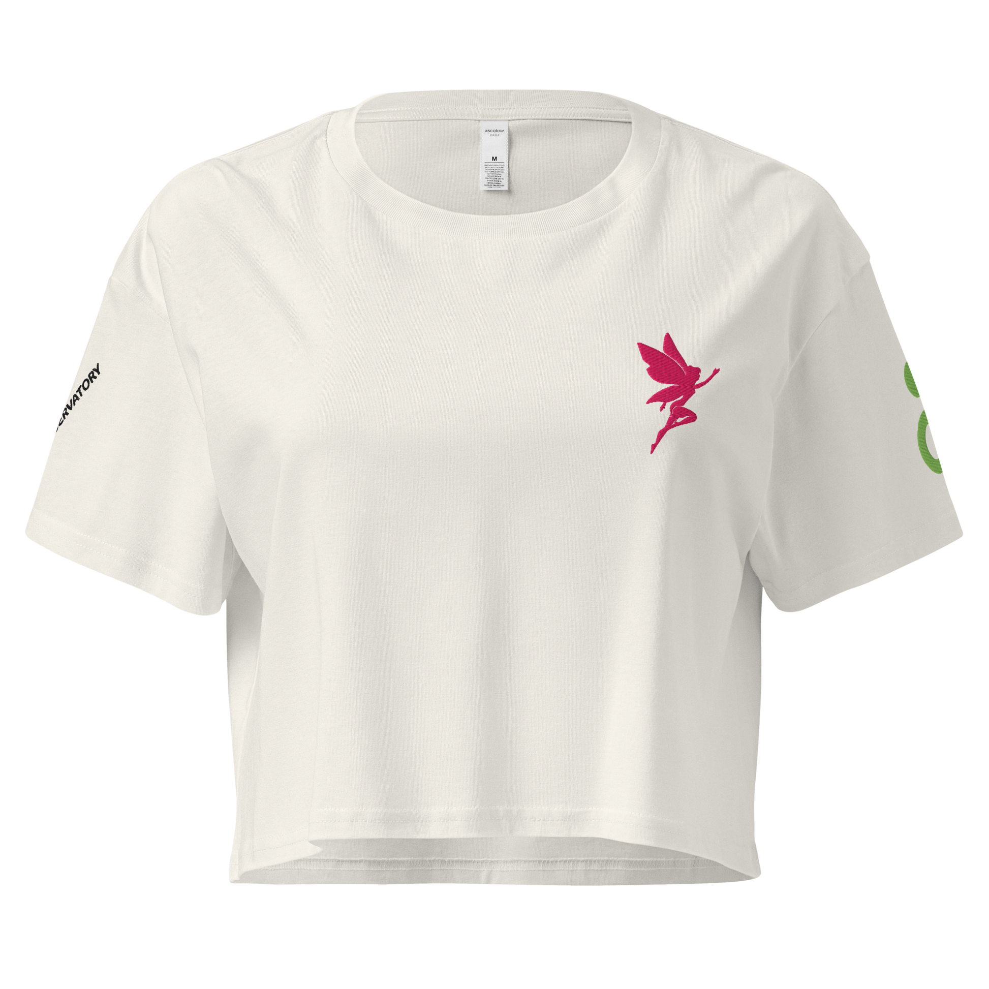 White crop top with a pink fairy embroidery - Fae Observatory merch - front mock up