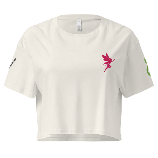 White crop top with a pink fairy embroidery - Fae Observatory merch - front mock up