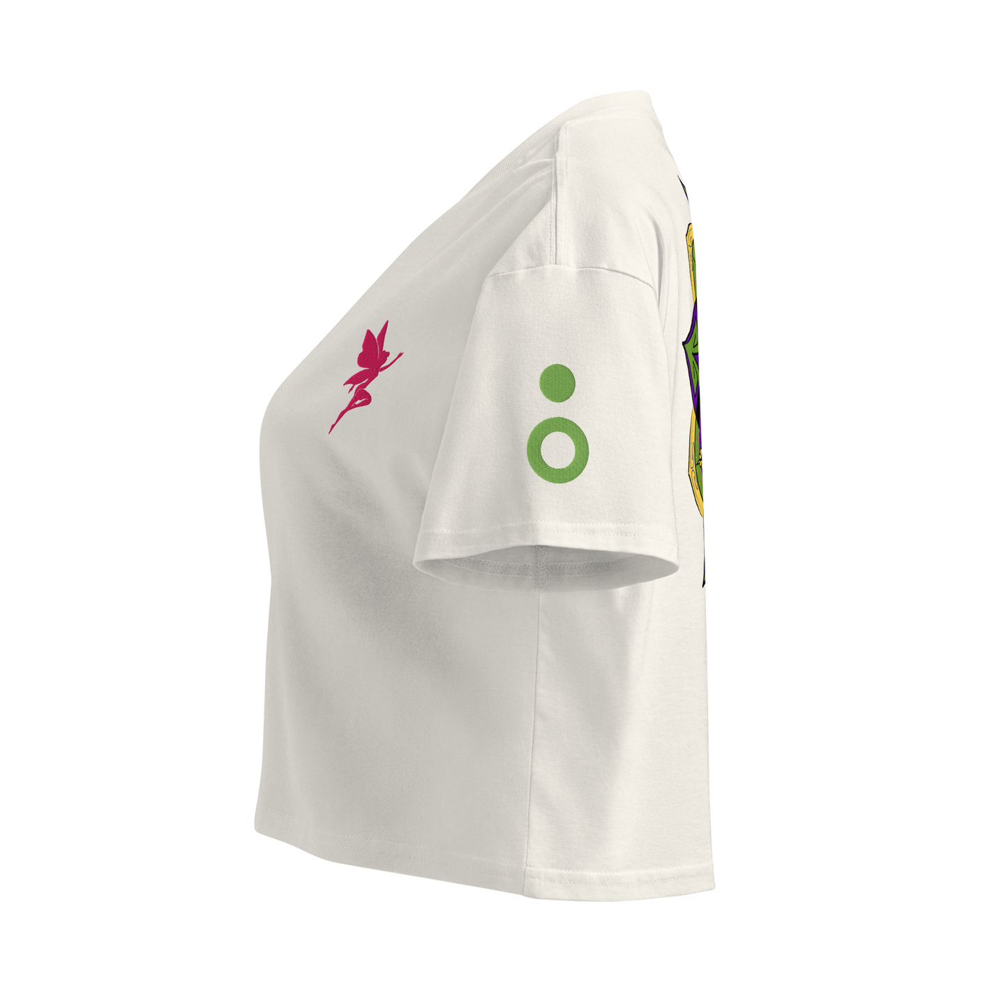 White crop top with a pink fairy embroidery - Fae Observatory merch - left side mock up